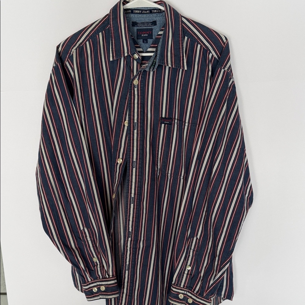 Tommy Hilfiger Navy Button-Down Shirt with Red & White Stripes